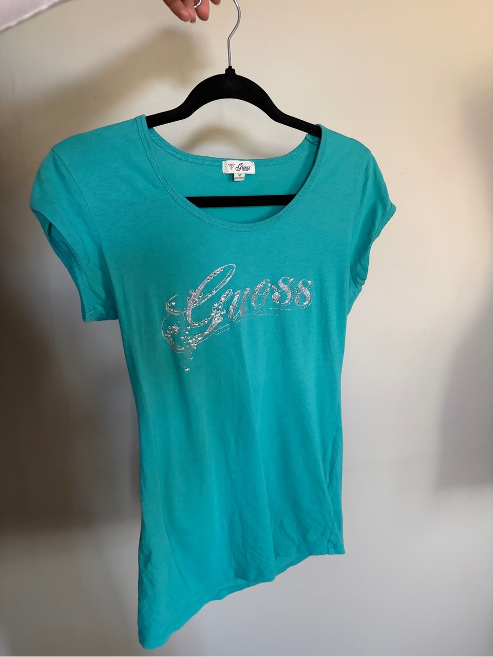 Y2K Guess Teal Rhinestone Short Sleeve Model Off Duty Baby Tee - Picture 8 of 13